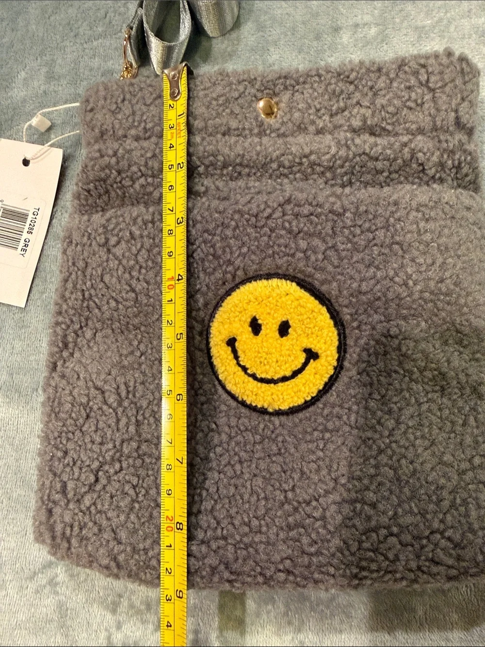 Grey Faux Sherpa Crossbody Bag with Yellow Smiley Patch